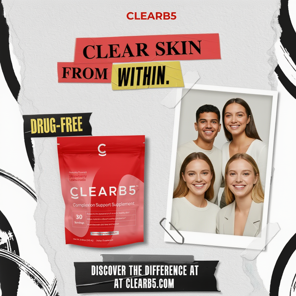 Clearb5 supplement package with promotional text and images of people on a white background - clear your skin within.