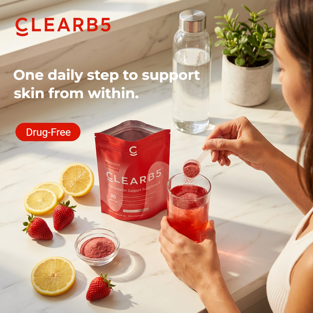 Person mixing CLEARB5 supplement into a glass with lemons, strawberries, and a bottle of water on a table.