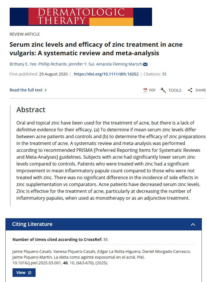Zinc Levels and Efficacy of Zinc Treatment in Acne Vulgaris