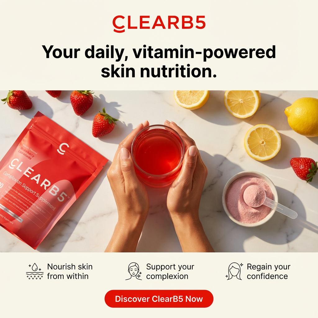 ClearB5 vitamin supplement with a glass of red liquid, strawberries, and lemons on a light background.