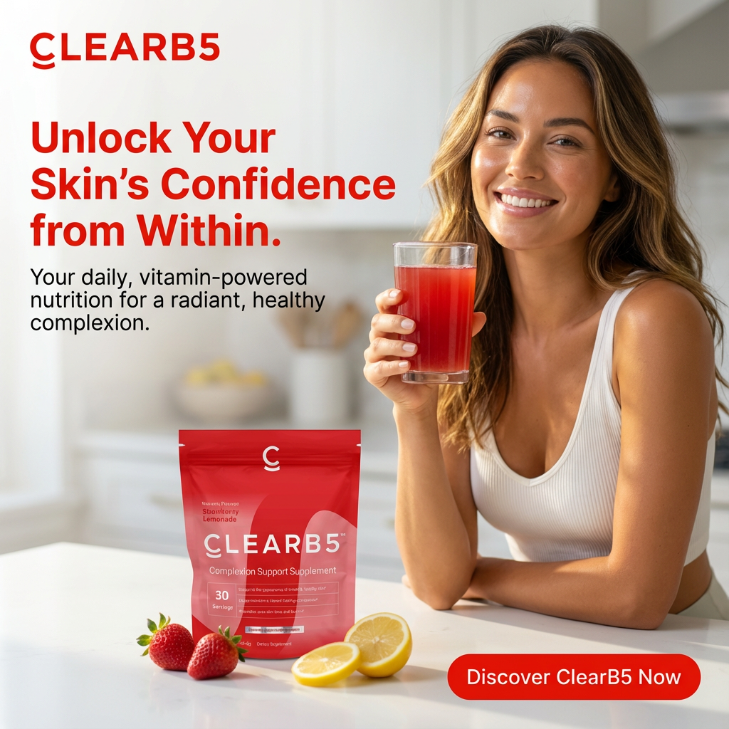Woman holding a glass of red juice with a ClearB5 supplement package on a kitchen counter.